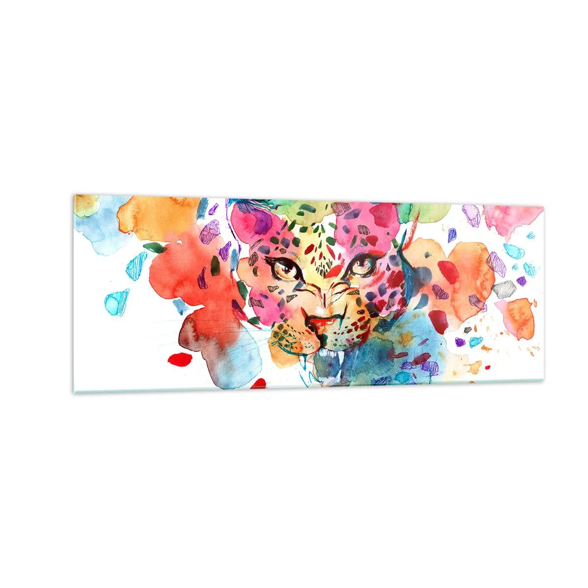 Cuadro sobre vidrio - Impresiones sobre Vidrio - Retrato abstracto de un leopardo en colores intensos. - 140x50cm - La bella y la bestia - Decoración de pared moderna para salón y dormitorio ARTTOR