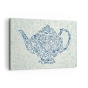 Cuadro sobre lienzo - Impresión de Imagen - Dibujo decorativo de una tetera con adornos azules. - 100x70cm - El encanto del té - Decoración de pared moderna para salón y dormitorio ARTTOR
