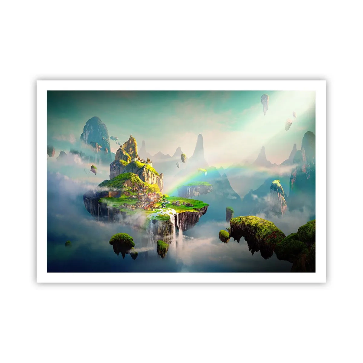 Póster - Islas voladoras entre las nubes con un arcoíris en el horizonte. - 100x70cm - El medio de la nada - islas flotantes - Decoración de pared moderna para salón y dormitorio ARTTOR