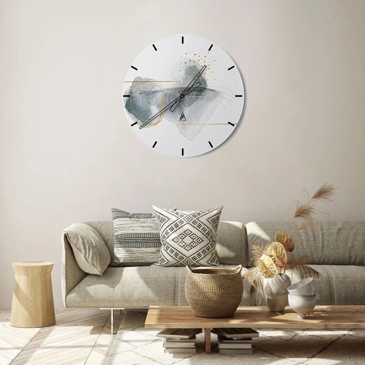 Reloj de pared - Reloj de vidrio - Formas abstractas pastel con líneas y puntos dorados sobre un fondo blanco. - 30x30cm - Sobre la relación entre el gris y el oro - Decoración de pared moderna para salón, cocina y dormitorio ARTTOR