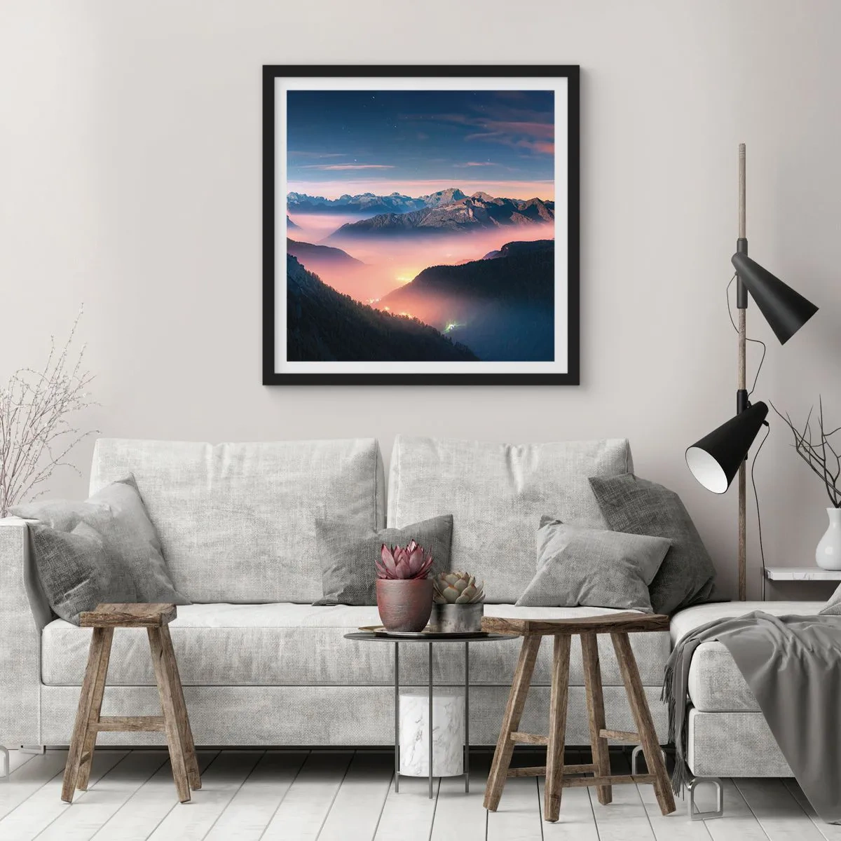 Póster en marco negro - Luz en los valles - 30x30 cm