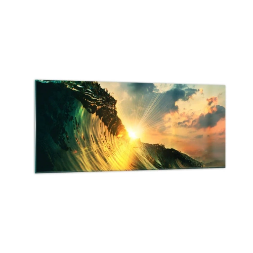 Cuadro sobre vidrio - Impresiones sobre Vidrio - Una ola con el sol poniente y nubes iluminadas. - 120x50cm - Surfer, ¿dónde estás? - Decoración de pared moderna para salón y dormitorio ARTTOR