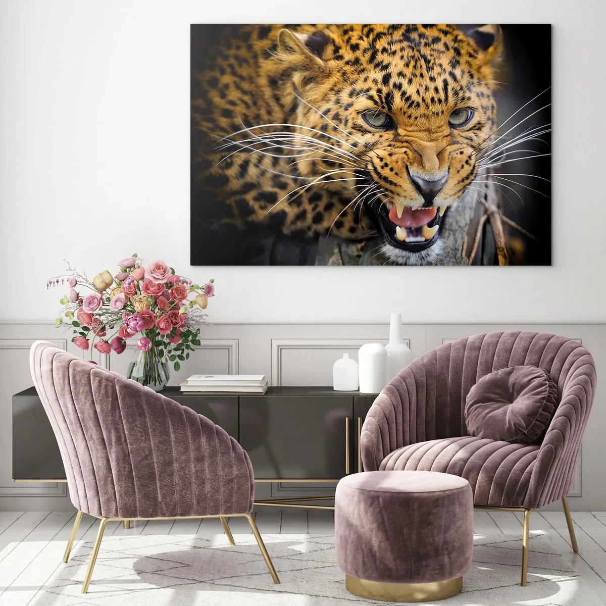 Cuadro sobre vidrio - Impresiones sobre Vidrio - Primer plano de un leopardo agresivo con detalles claros. - 70x50cm - ¡Atrás, te lo advierto! - Decoración de pared moderna para salón y dormitorio ARTTOR