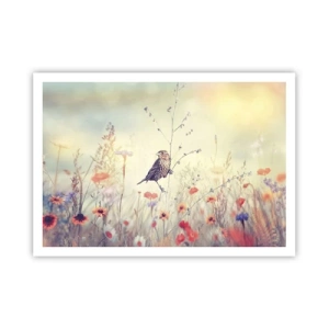 Póster - Un pájaro sobre el fondo de un prado colorido en tonos pastel. - 100x70cm - Retrato de pájaro con prado de fondo - Decoración de pared moderna para salón y dormitorio ARTTOR