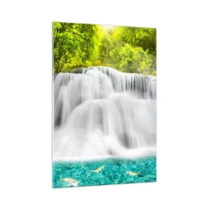 Cuadro sobre vidrio - Impresiones sobre Vidrio - Una cascada rodeada de vegetación con agua cristalina. - 50x70cm - Cascada espumosa, de verde a azul - Decoración de pared moderna para salón y dormitorio ARTTOR