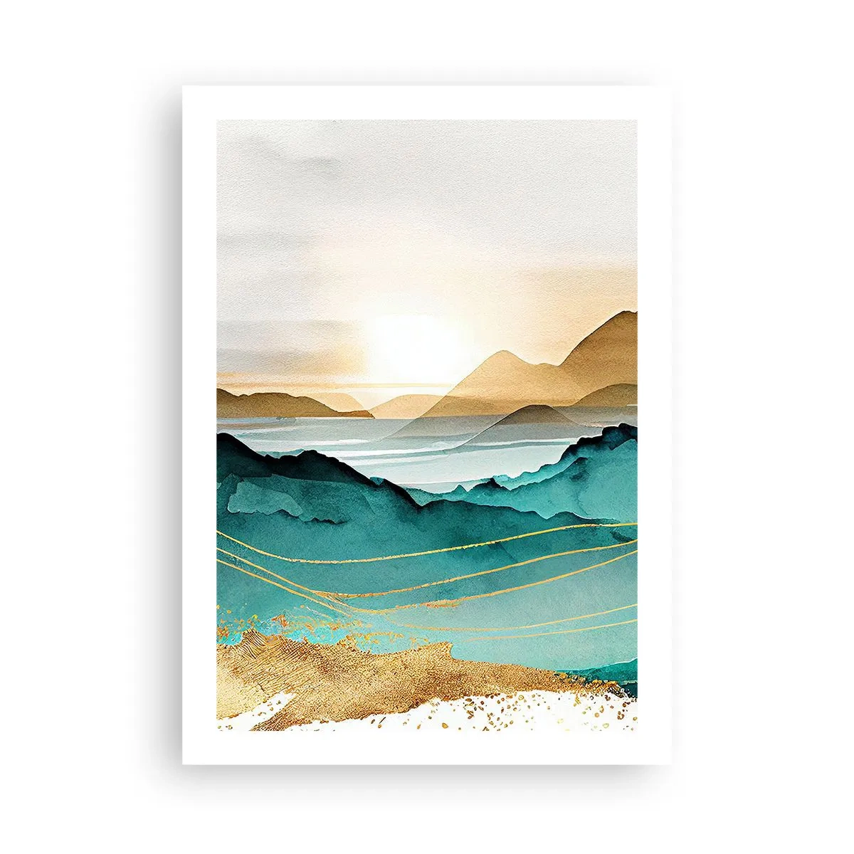 Póster - Un pintoresco paisaje montañoso en tonos turquesa y dorado. - 50x70cm - Al borde de la abstracción - paisaje - Decoración de pared moderna para salón y dormitorio ARTTOR