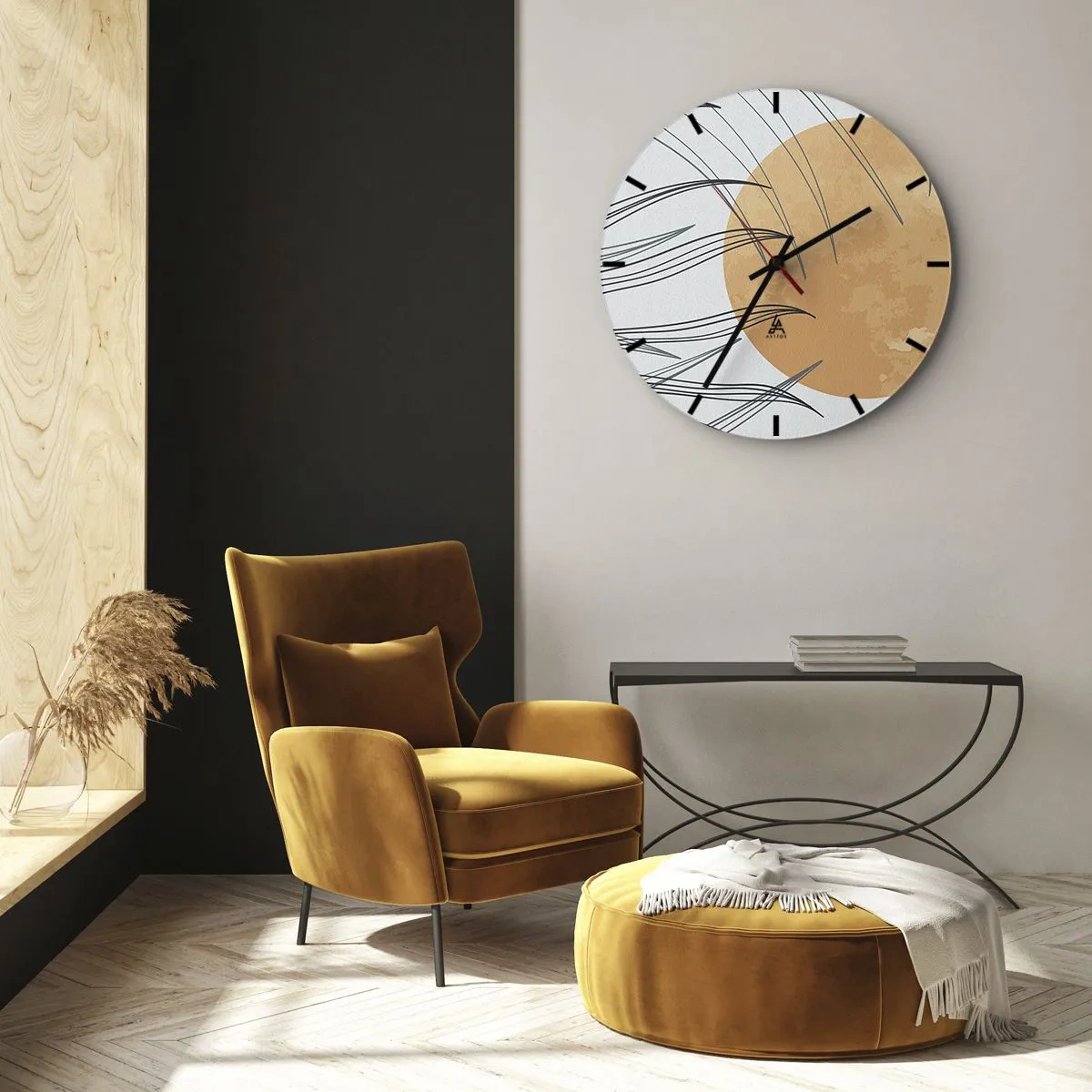 Reloj de pared - Reloj de vidrio - Gráfico con un círculo naranja y líneas de hierba en el fondo. - 30x30cm - Siempre hacia el sol - Decoración de pared moderna para salón, cocina y dormitorio ARTTOR