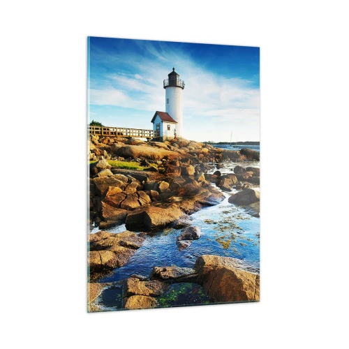 Cuadro sobre vidrio - Impresiones sobre Vidrio - Un faro en una costa rocosa en un día soleado. - 50x70cm - Esperando vuestro regreso - Decoración de pared moderna para salón y dormitorio ARTTOR