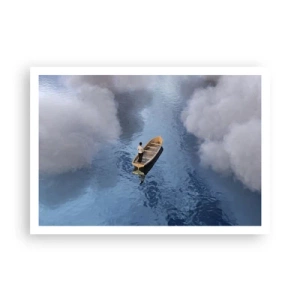 Póster - Un hombre en un barco en un mar tranquilo rodeado de nubes. - 100x70cm - La vida - el viaje - lo desconocido - Decoración de pared moderna para salón y dormitorio ARTTOR