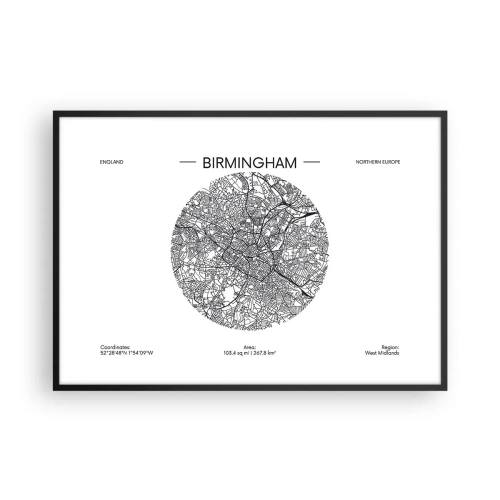 Póster en marco negro - Un mapa minimalista en blanco y negro de Birmingham con detalles precisos. - 100x70cm - Anatomía de Birmingham - Decoración de pared moderna para salón y dormitorio ARTTOR