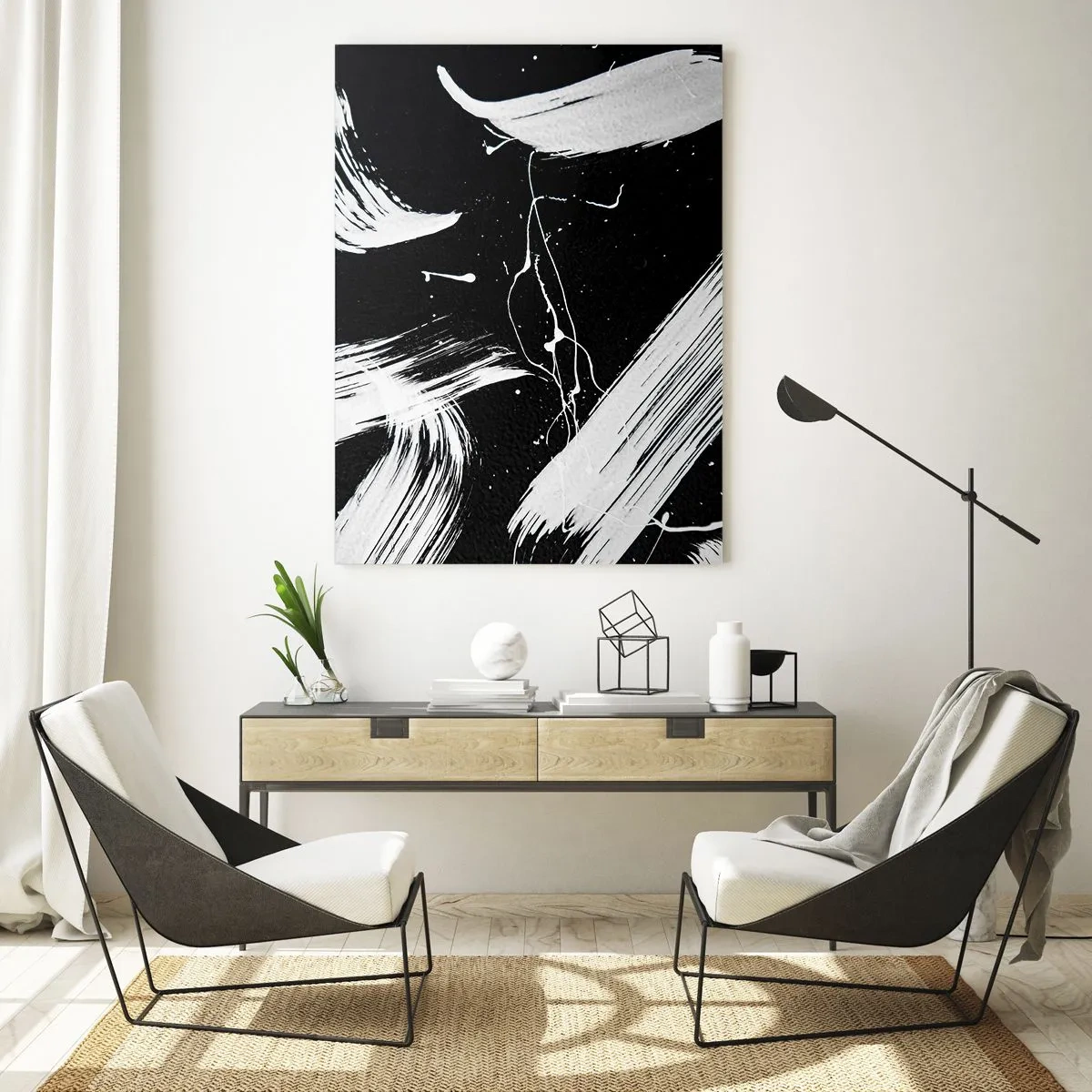 Cuadro sobre vidrio - Impresiones sobre Vidrio - Trazos blancos abstractos sobre un fondo negro - 70x100cm - Rompiendo la oscuridad - Decoración de pared moderna para salón y dormitorio ARTTOR