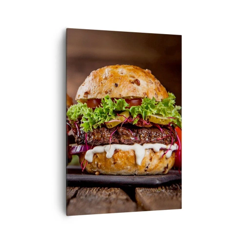 Cuadro sobre lienzo - Impresión de Imagen - Deliciosas hamburguesas con verduras y salsa. - 70x100cm - El sueño americano - Decoración de pared moderna para salón y dormitorio ARTTOR