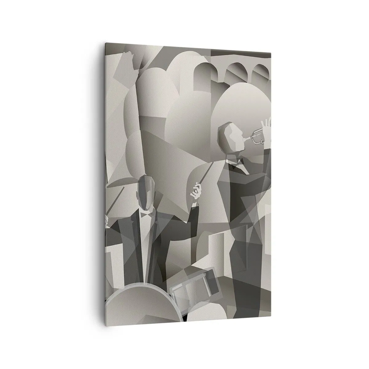 Cuadro sobre lienzo - Impresión de Imagen - Escena abstracta con músicos de jazz en tonos de gris. - 80x120cm - En el espacio de los sonidos - Decoración de pared moderna para salón y dormitorio ARTTOR