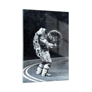 Cuadro sobre vidrio - Impresiones sobre Vidrio - Un astronauta que lleva la Tierra en su camino a través del universo. - 50x70cm - En la Vía Láctea - Decoración de pared moderna para salón y dormitorio ARTTOR