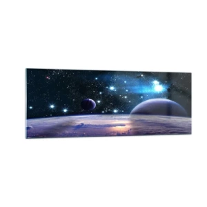 Cuadro sobre vidrio - Impresiones sobre Vidrio - Una vista del espacio exterior con planetas y estrellas. - 140x50cm - ¿Sigues solo? - Decoración de pared moderna para salón y dormitorio ARTTOR
