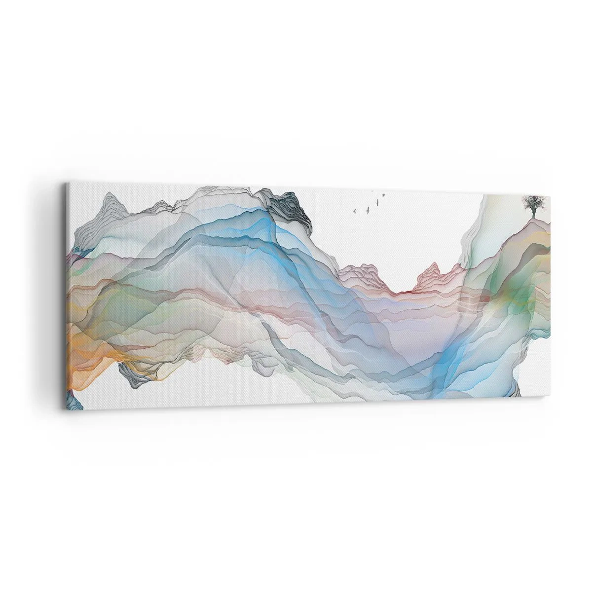 Cuadro sobre lienzo - Impresión de Imagen - Un paisaje sutil con montañas, agua y un barco. - 120x50cm - Hacia las montañas de cristal - Decoración de pared moderna para salón y dormitorio ARTTOR
