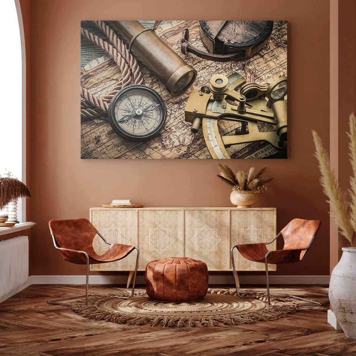 Cuadro sobre lienzo - Impresión de Imagen - Una brújula, un sextante y un telescopio sobre el fondo de un mapa antiguo y una cuerda náutica. - 70x50cm - Establecer un rumbo - Decoración de pared moderna para salón y dormitorio ARTTOR