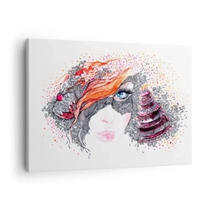 Cuadro sobre lienzo - Impresión de Imagen - Retrato artístico de una mujer con detalles y acento rojo. - 70x50cm - Con ella cada día es una fiesta - Decoración de pared moderna para salón y dormitorio ARTTOR