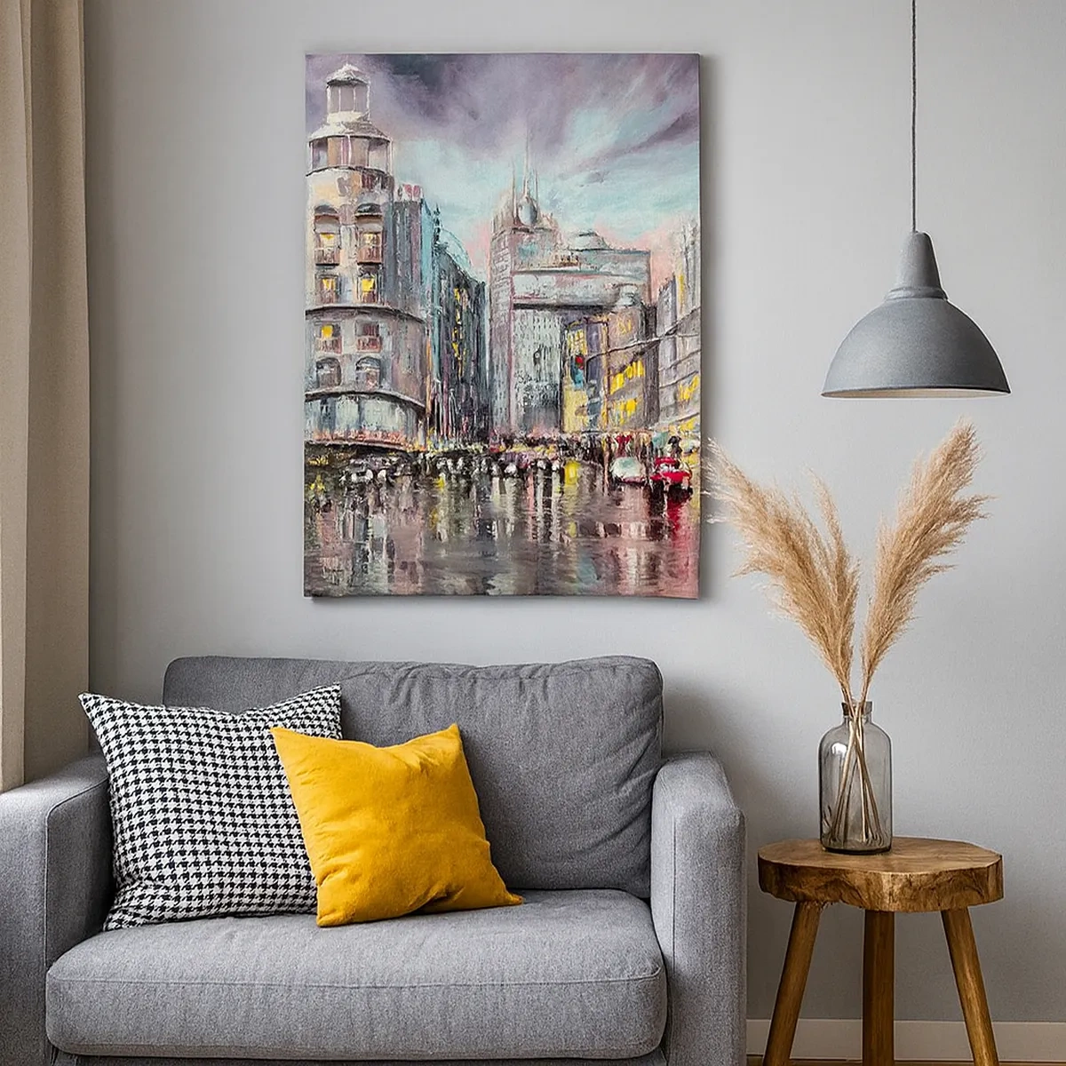 Cuadro sobre lienzo - Impresión de Imagen - Vista nocturna de la ciudad con reflejos en la calle mojada. - 50x70cm - Va a ser una buena noche - Decoración de pared moderna para salón y dormitorio ARTTOR