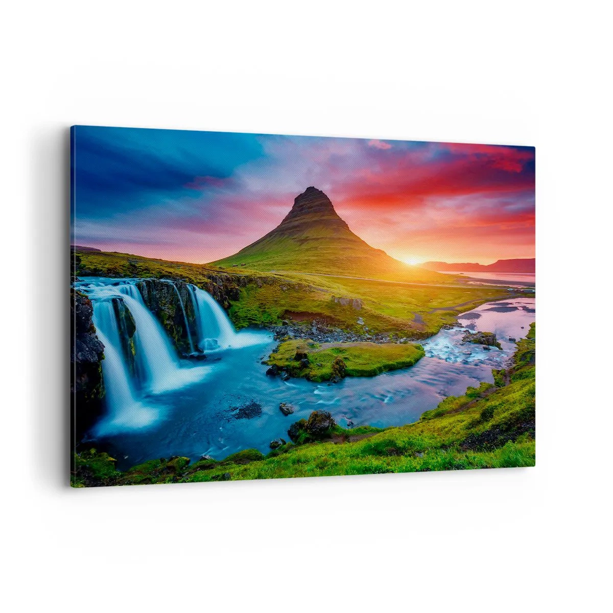 Cuadro sobre lienzo - Impresión de Imagen - Cascada pintoresca y montaña al atardecer - 120x80cm - Islandia - fuego y agua - Decoración de pared moderna para salón y dormitorio ARTTOR
