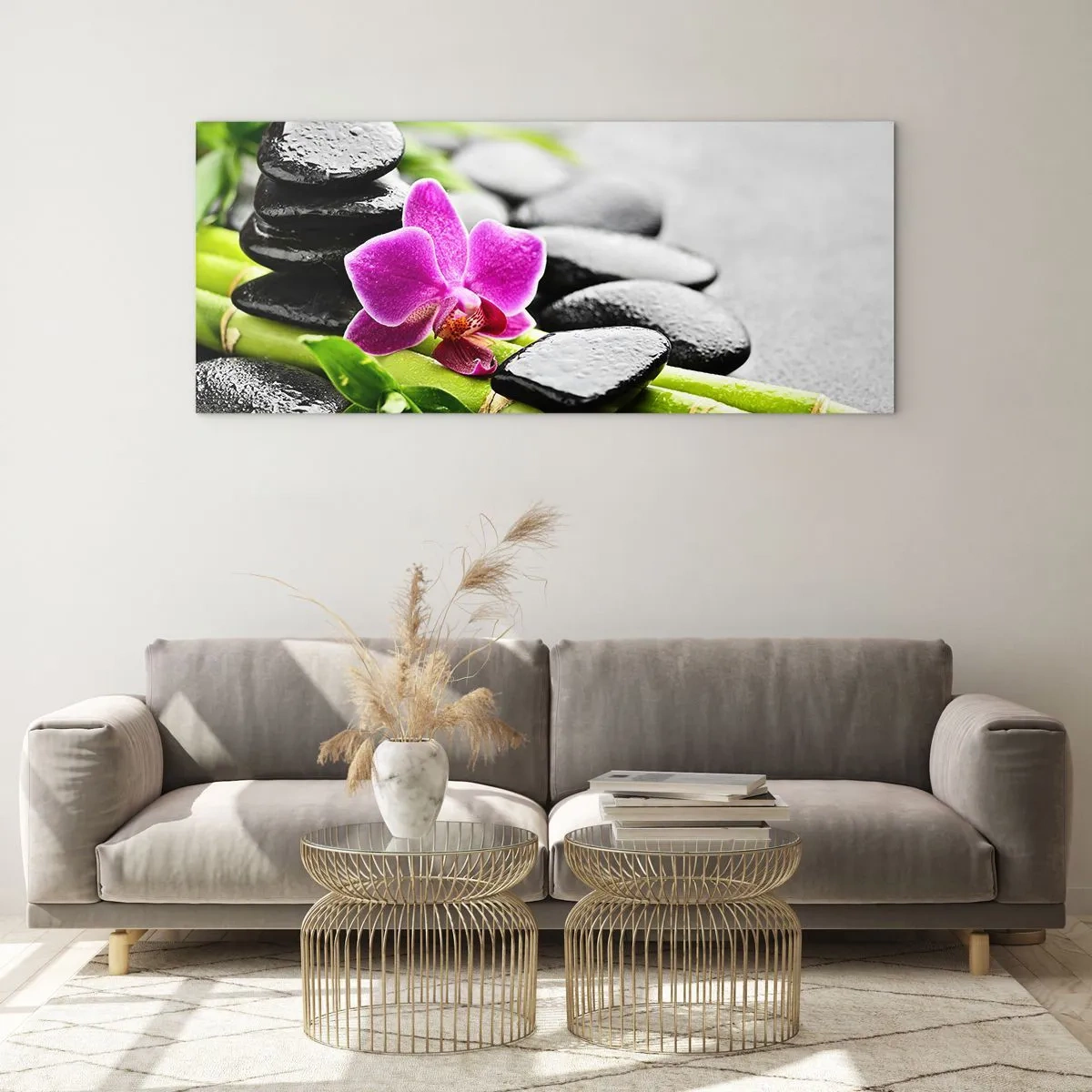 Cuadro sobre vidrio - Impresiones sobre Vidrio - Orquídea morada, piedras negras y bambú en una composición tranquila. - 140x50cm - En equilibrio pacífico - Decoración de pared moderna para salón y dormitorio ARTTOR