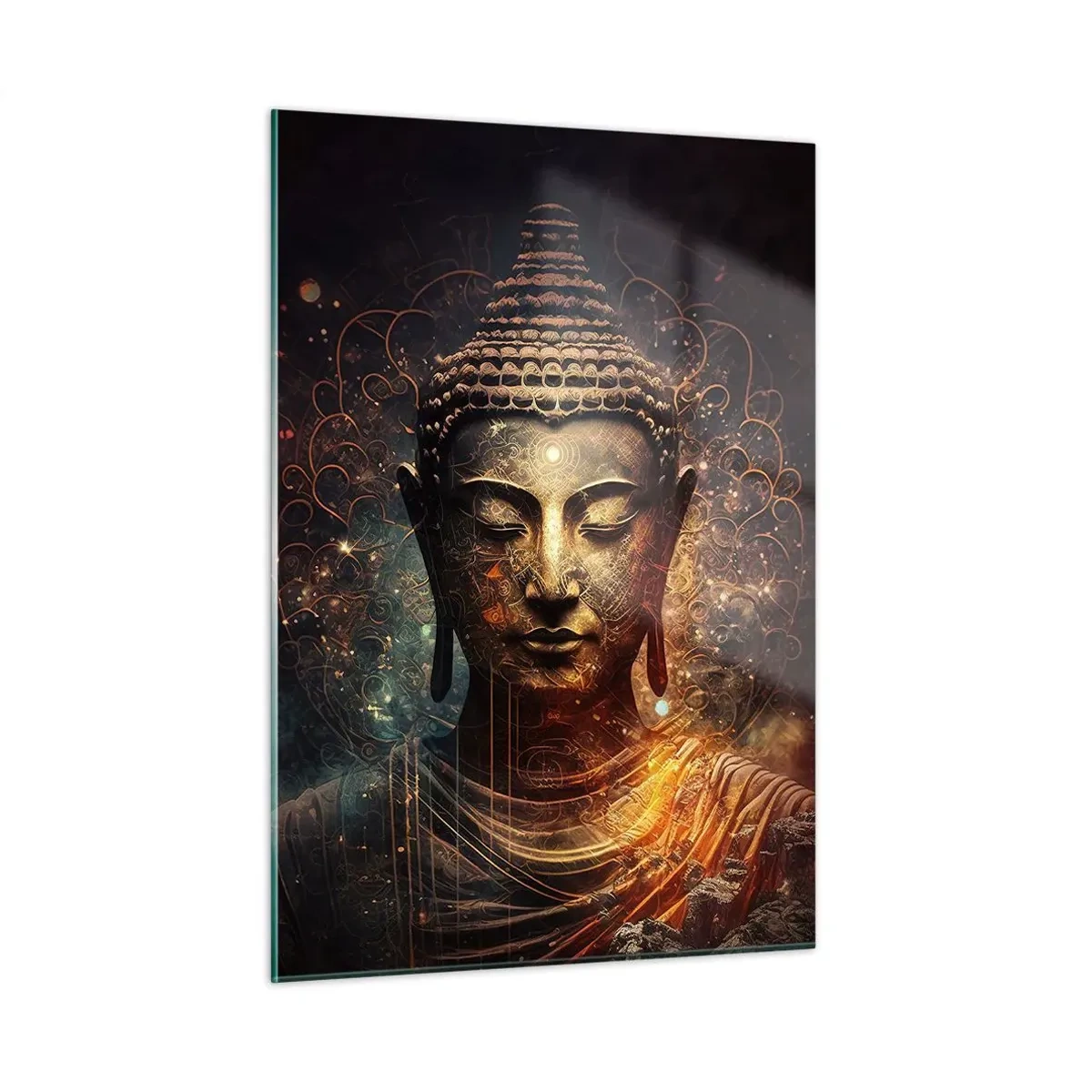 Cuadro sobre vidrio - Impresiones sobre Vidrio - Una figura dorada de Buda sobre un fondo oscuro con adornos. - 50x70cm - Equilibrio espiritual - Decoración de pared moderna para salón y dormitorio ARTTOR