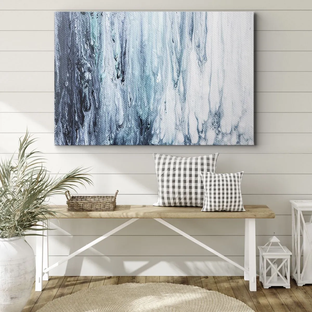 Cuadro sobre lienzo - Impresión de Imagen - Rayas abstractas azules y blancas que se asemejan a carámbanos - 120x80cm - Carámbanos de azul - Decoración de pared moderna para salón y dormitorio ARTTOR