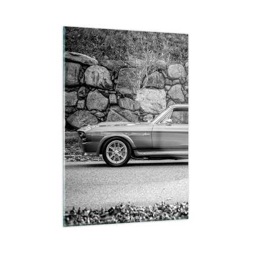 Cuadro sobre vidrio - Impresiones sobre Vidrio - Un coche clásico contra un muro de piedra. - 50x70cm - Una leyenda de los años 60 - Decoración de pared moderna para salón y dormitorio ARTTOR