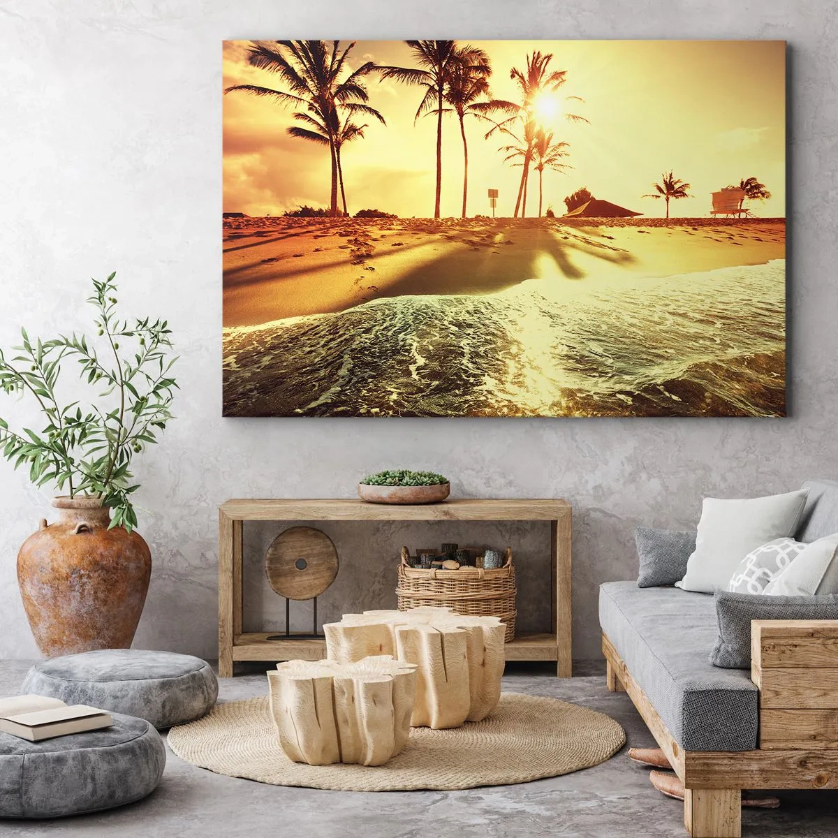 Cuadro sobre lienzo - Impresión de Imagen - Una playa con palmeras iluminada por un cálido atardecer. - 70x50cm - Una tarde californiana - Decoración de pared moderna para salón y dormitorio ARTTOR