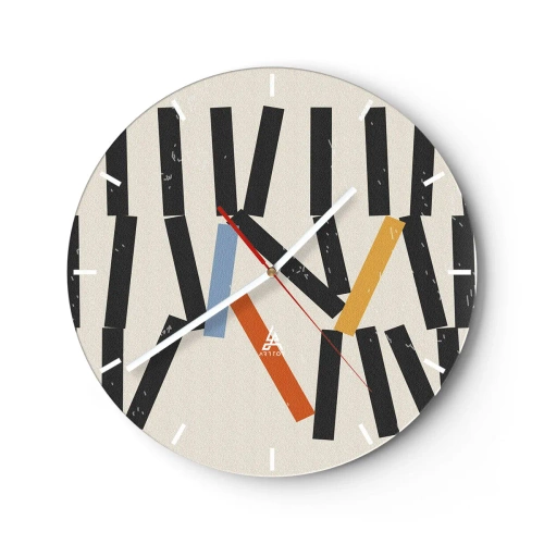 Reloj de pared - Reloj de vidrio - Dominós de colores y negros sobre un fondo claro en un diseño gráfico. - 30x30cm - Dominó - composición - Decoración de pared moderna para salón, cocina y dormitorio ARTTOR