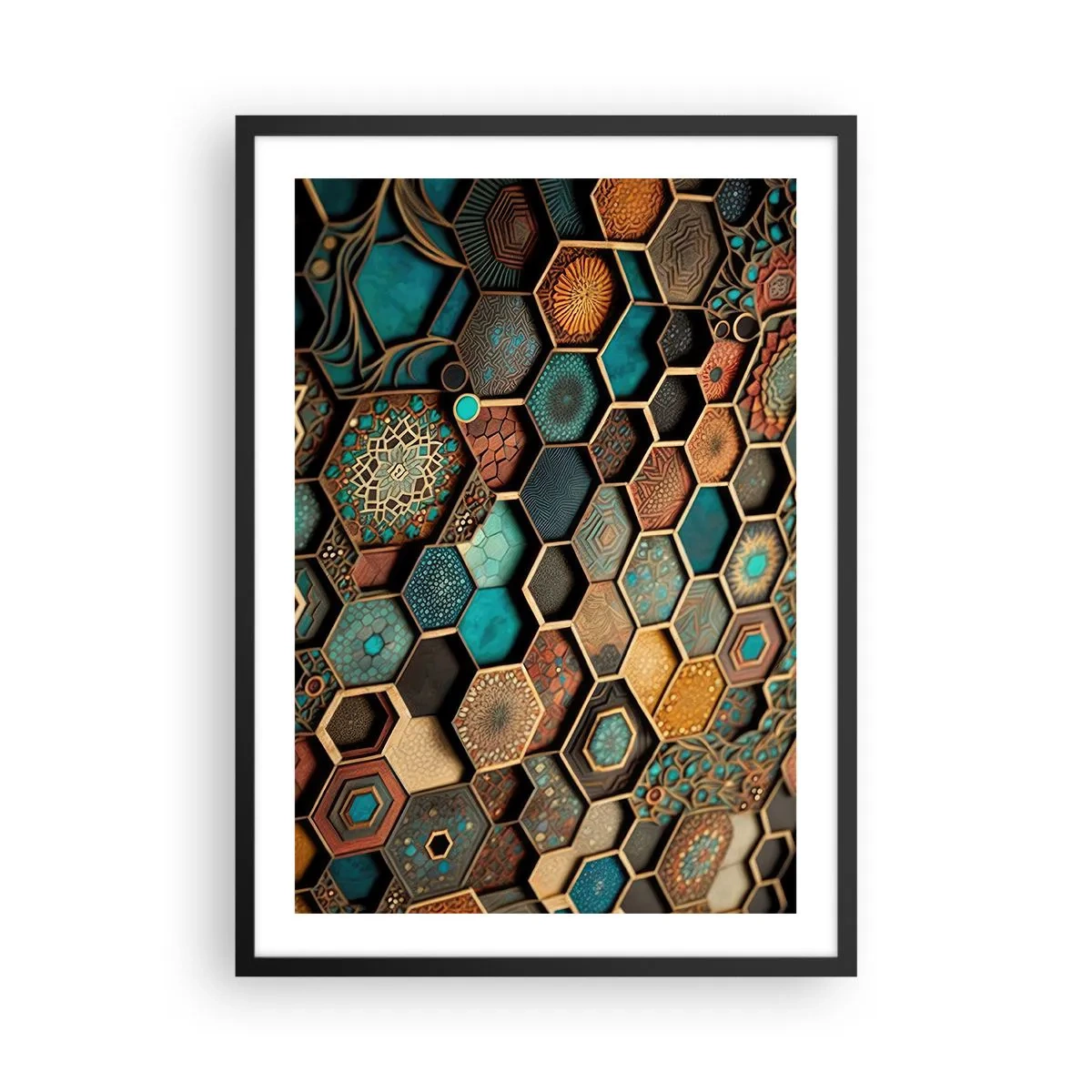 Póster en marco negro - Una composición geométrica de hexágonos en una paleta de oro y turquesa. - 50x70cm - Ornamentos árabes - Decoración de pared moderna para salón y dormitorio ARTTOR