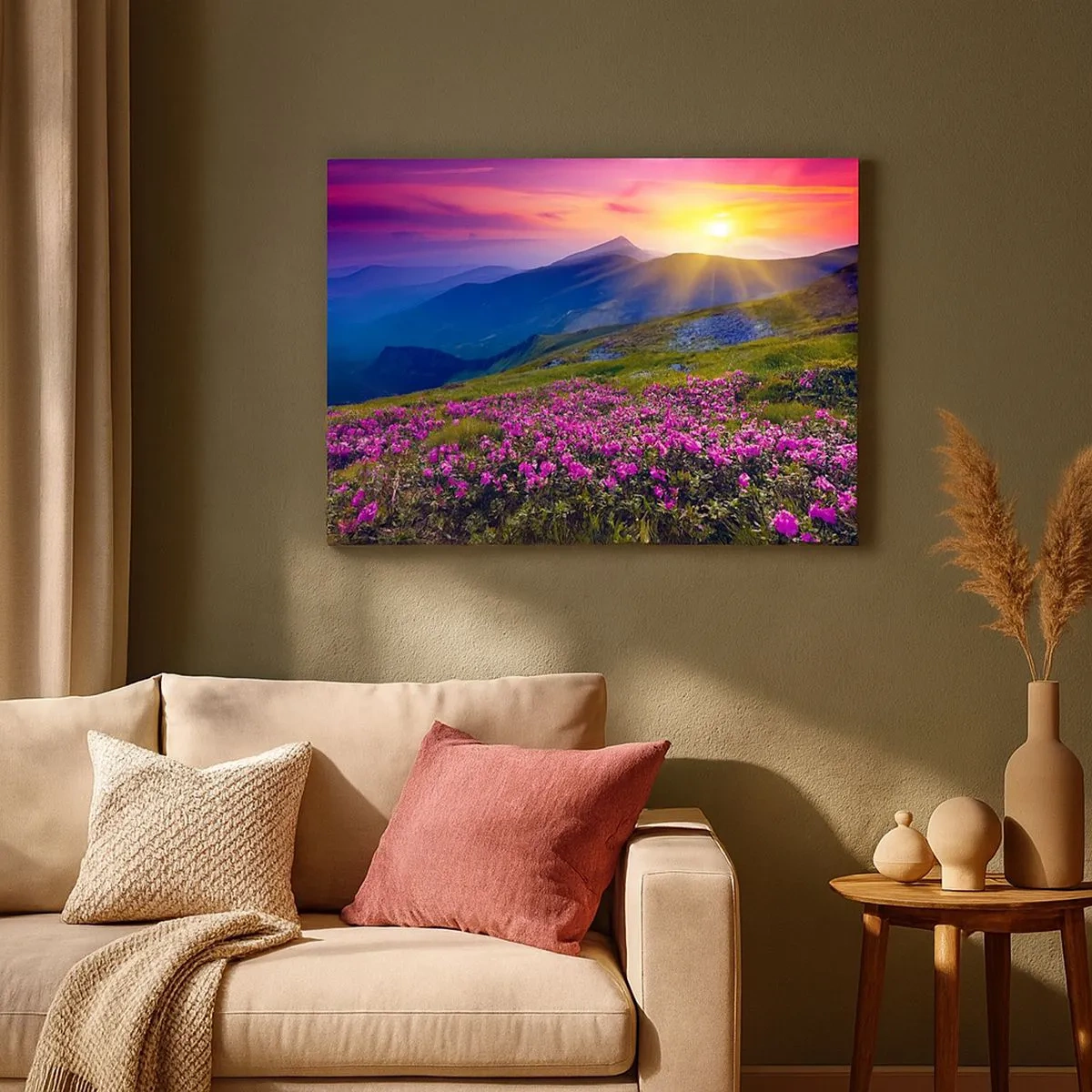 Cuadro sobre lienzo - Impresión de Imagen - Un prado florido con vistas a las montañas durante la puesta de sol. - 70x50cm - ... Y el aroma a hierbas está por todas partes - Decoración de pared moderna para salón y dormitorio ARTTOR