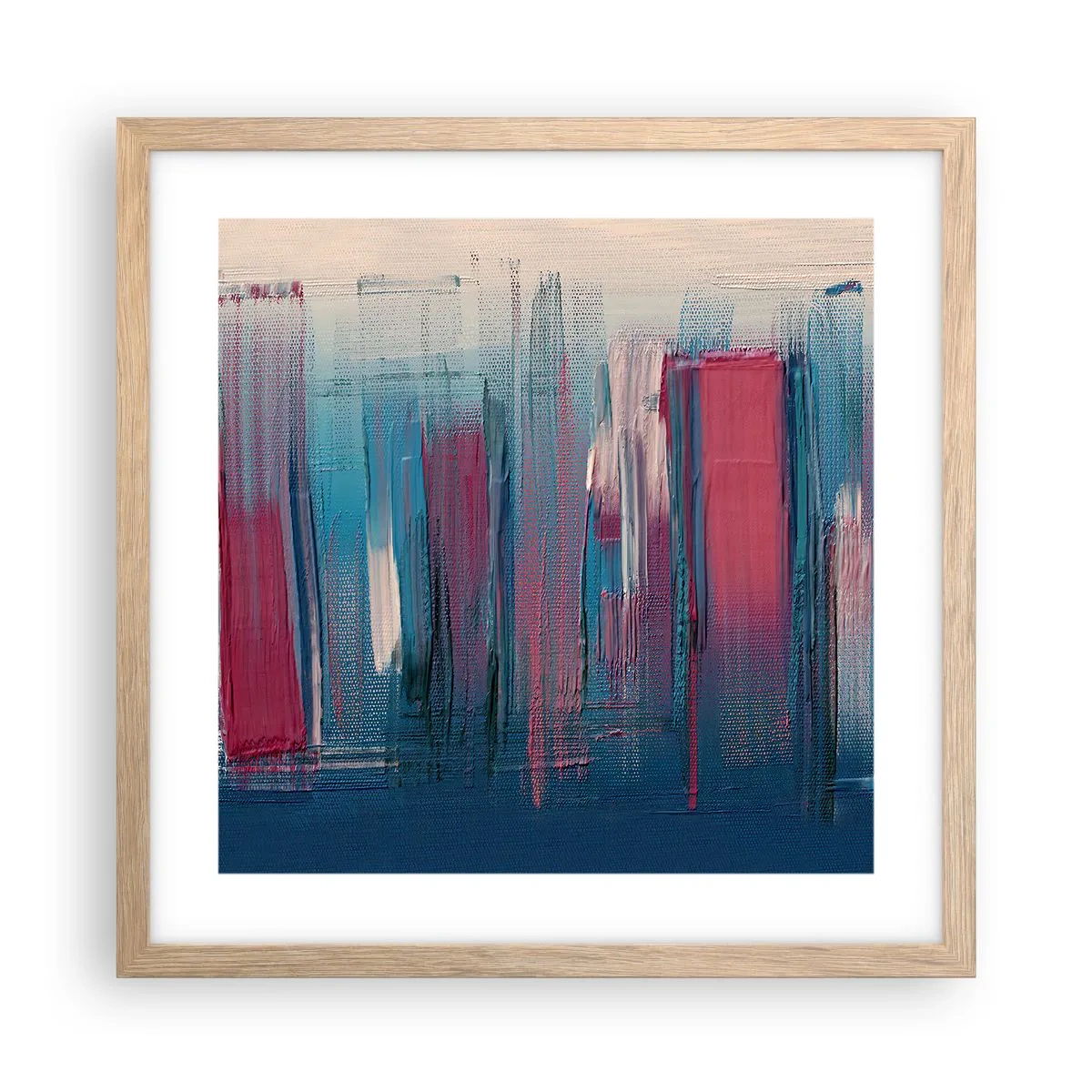Póster en marco roble claro - Composición vertical en azul y rojo - 40x40 cm