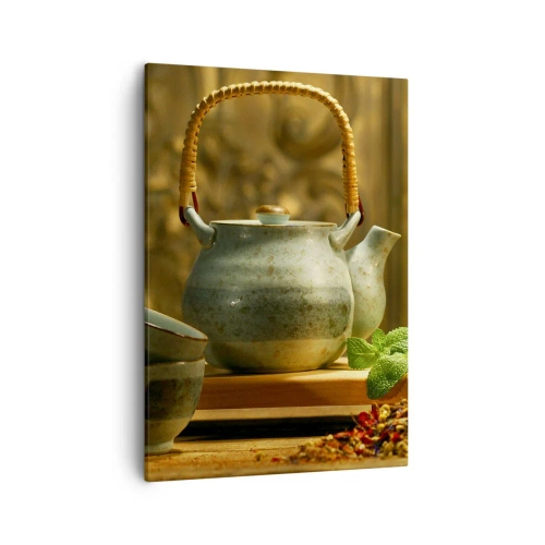 Cuadro sobre lienzo - Impresión de Imagen - Jarra de cerámica con tazas y té seco. - 50x70cm - Tratado sobre el consumo de té - Decoración de pared moderna para salón y dormitorio ARTTOR