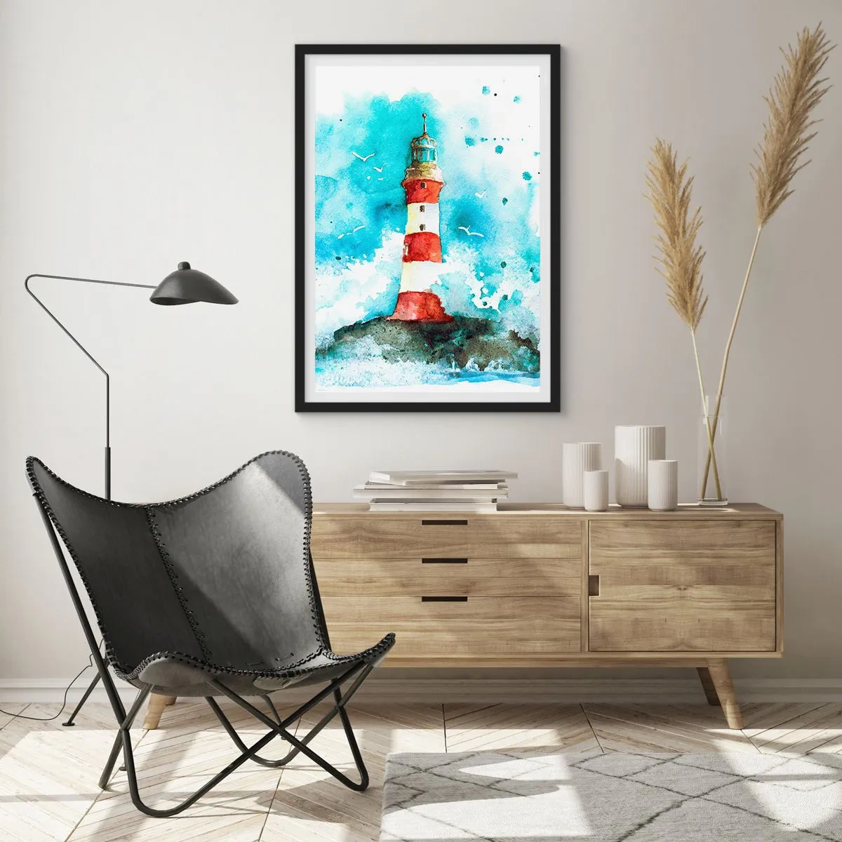 Póster en marco negro - Faro estilo acuarela con olas del mar - 50x70cm - La unidad de los elementos - Decoración de pared moderna para salón y dormitorio ARTTOR