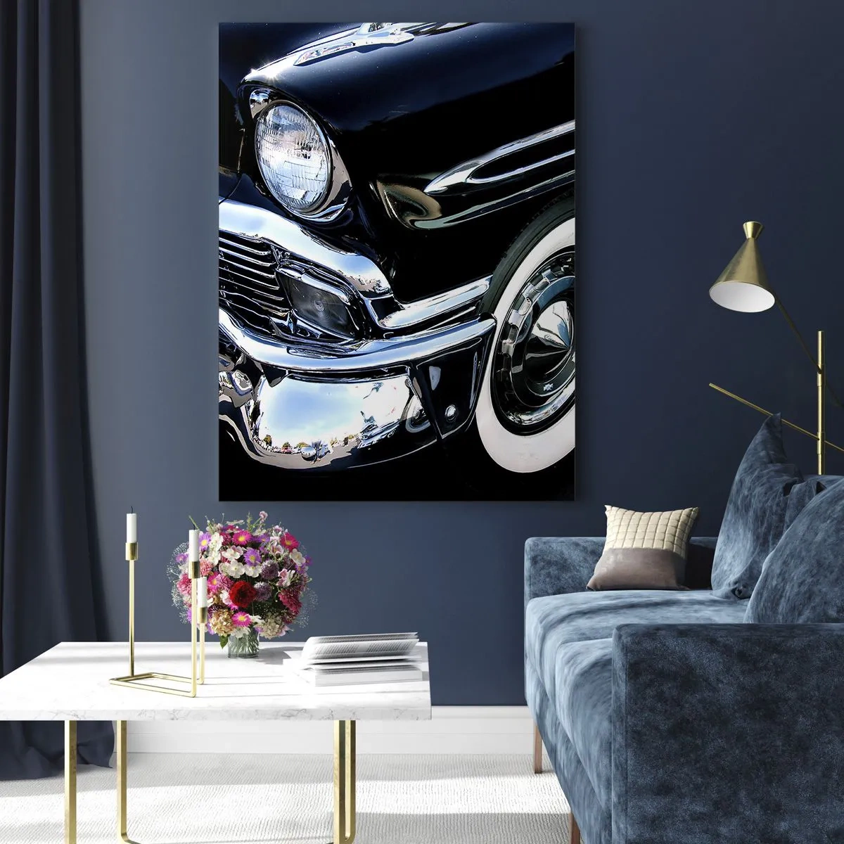 Cuadro sobre vidrio - Impresiones sobre Vidrio - Primer plano de un coche negro antiguo con detalles cromados. - 50x70cm - Clásicos en plata, negro y blanco - Decoración de pared moderna para salón y dormitorio ARTTOR