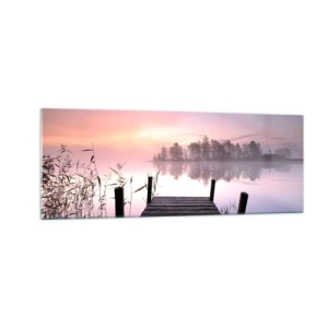 Cuadro sobre vidrio - Impresiones sobre Vidrio - Un embarcadero junto al lago al amanecer con niebla y un cielo pastel. - 140x50cm - De la niebla lila... - Decoración de pared moderna para salón y dormitorio ARTTOR