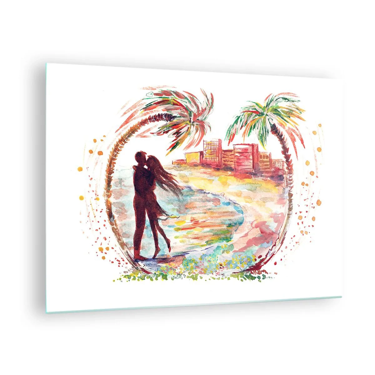 Cuadro sobre vidrio - Impresiones sobre Vidrio - Pareja romántica en un entorno tropical con palmeras. - 70x50cm - Unas vacaciones románticas - Decoración de pared moderna para salón y dormitorio ARTTOR
