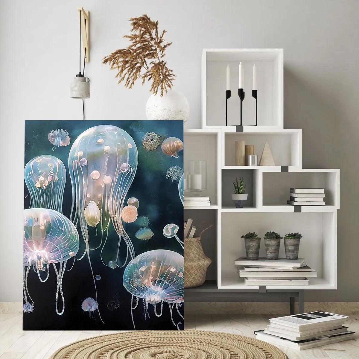 Cuadro sobre vidrio - Impresiones sobre Vidrio - Delicadas medusas en el mundo submarino - 80x120cm - Globos submarinos - Decoración de pared moderna para salón y dormitorio ARTTOR