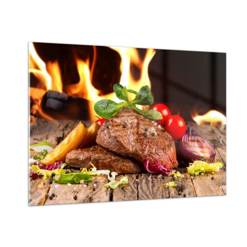 Cuadro sobre vidrio - Impresiones sobre Vidrio - Filete a la parrilla con verduras con el telón de fondo de las llamas - 100x70cm - Embrujo de fuego - Decoración de pared moderna para salón y dormitorio ARTTOR