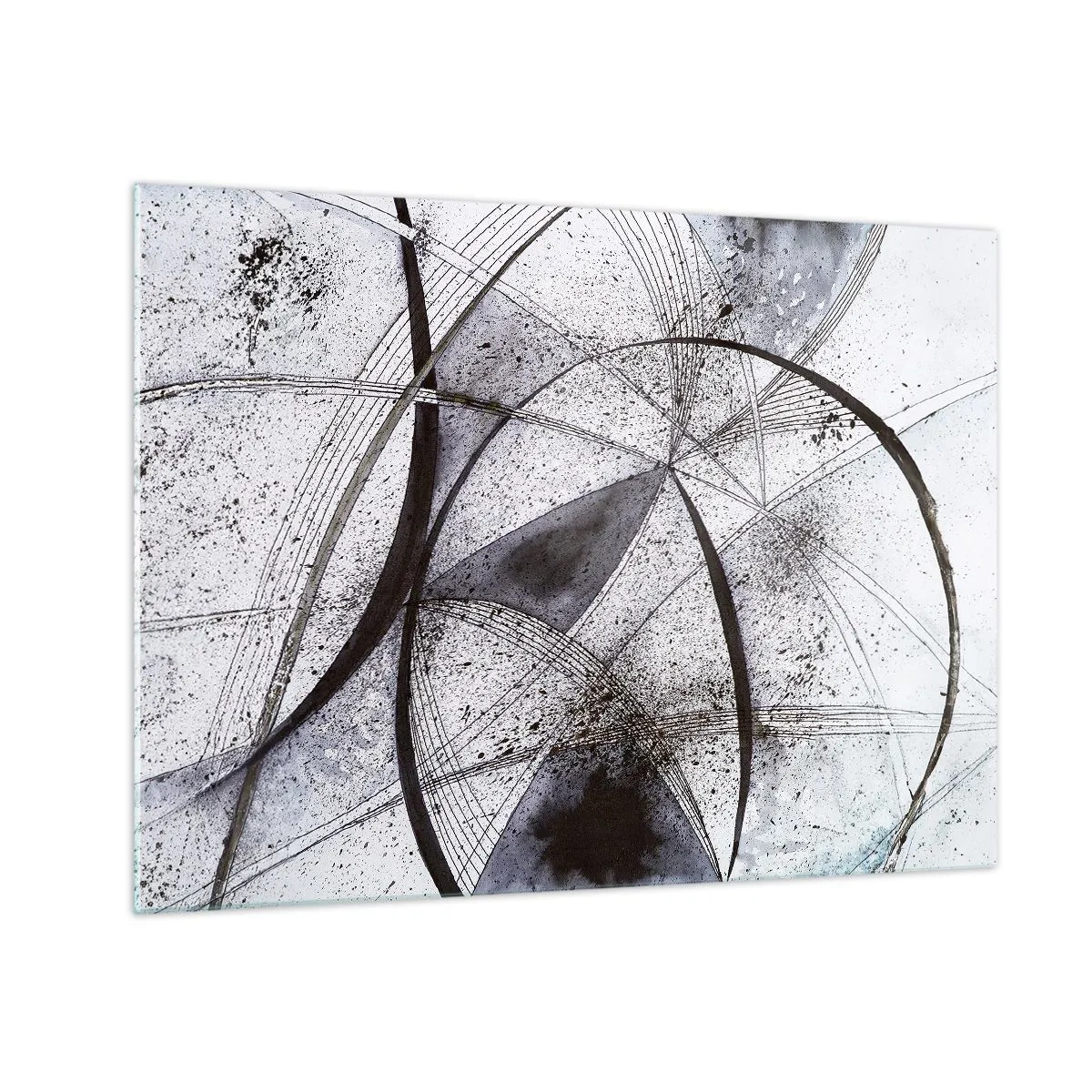 Cuadro sobre vidrio - Impresiones sobre Vidrio - Una composición en blanco y negro de líneas que se cruzan y arcos geométricos. - 70x50cm - Fantasía futurista - Decoración de pared moderna para salón y dormitorio ARTTOR