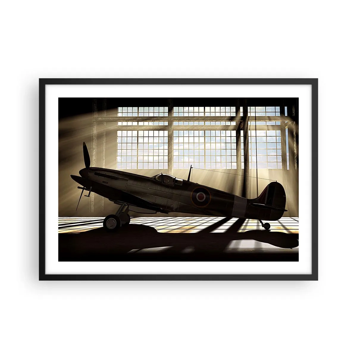 Póster en marco negro - Un avión histórico en un hangar iluminado por la luz del sol. - 70x50cm - El descanso del guerrero - Decoración de pared moderna para salón y dormitorio ARTTOR