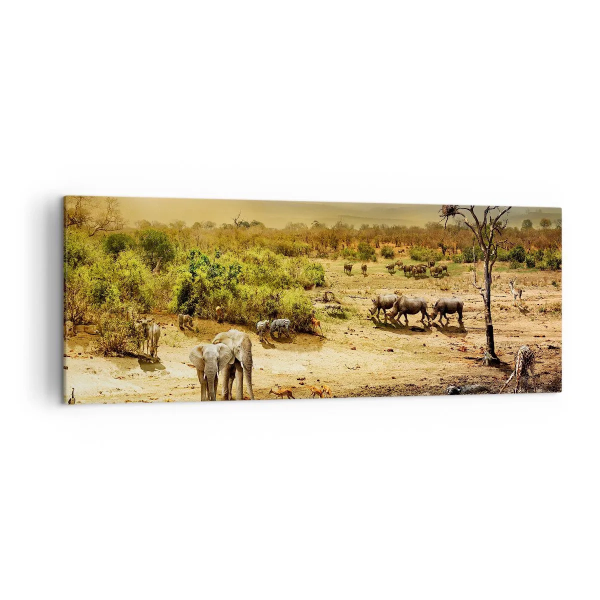 Cuadro sobre lienzo - Impresión de Imagen - Elefantes y animales salvajes en un abrevadero al atardecer - 140x50cm - Y del Edén fluyó un río... - Decoración de pared moderna para salón y dormitorio ARTTOR