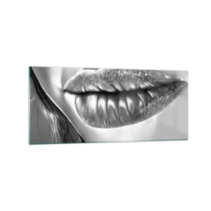 Cuadro sobre vidrio - Impresiones sobre Vidrio - Primer plano en blanco y negro de los labios de una mujer con efecto brillante y detalles. - 120x50cm - Sé lo que estás pensando... - Decoración de pared moderna para salón y dormitorio ARTTOR
