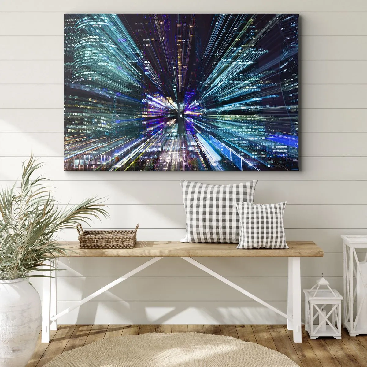 Cuadro sobre lienzo - Impresión de Imagen - Vista dinámica de la ciudad por la noche con efecto de iluminación. - 120x80cm - Cruzando el hiperespacio - Decoración de pared moderna para salón y dormitorio ARTTOR