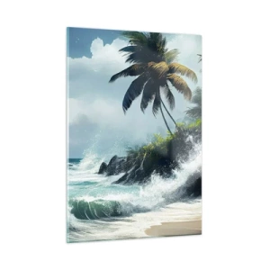 Cuadro sobre vidrio - Impresiones sobre Vidrio - Olas rompiendo contra las rocas junto a las palmeras en una playa tropical - 50x70cm - En una costa tropical - Decoración de pared moderna para salón y dormitorio ARTTOR