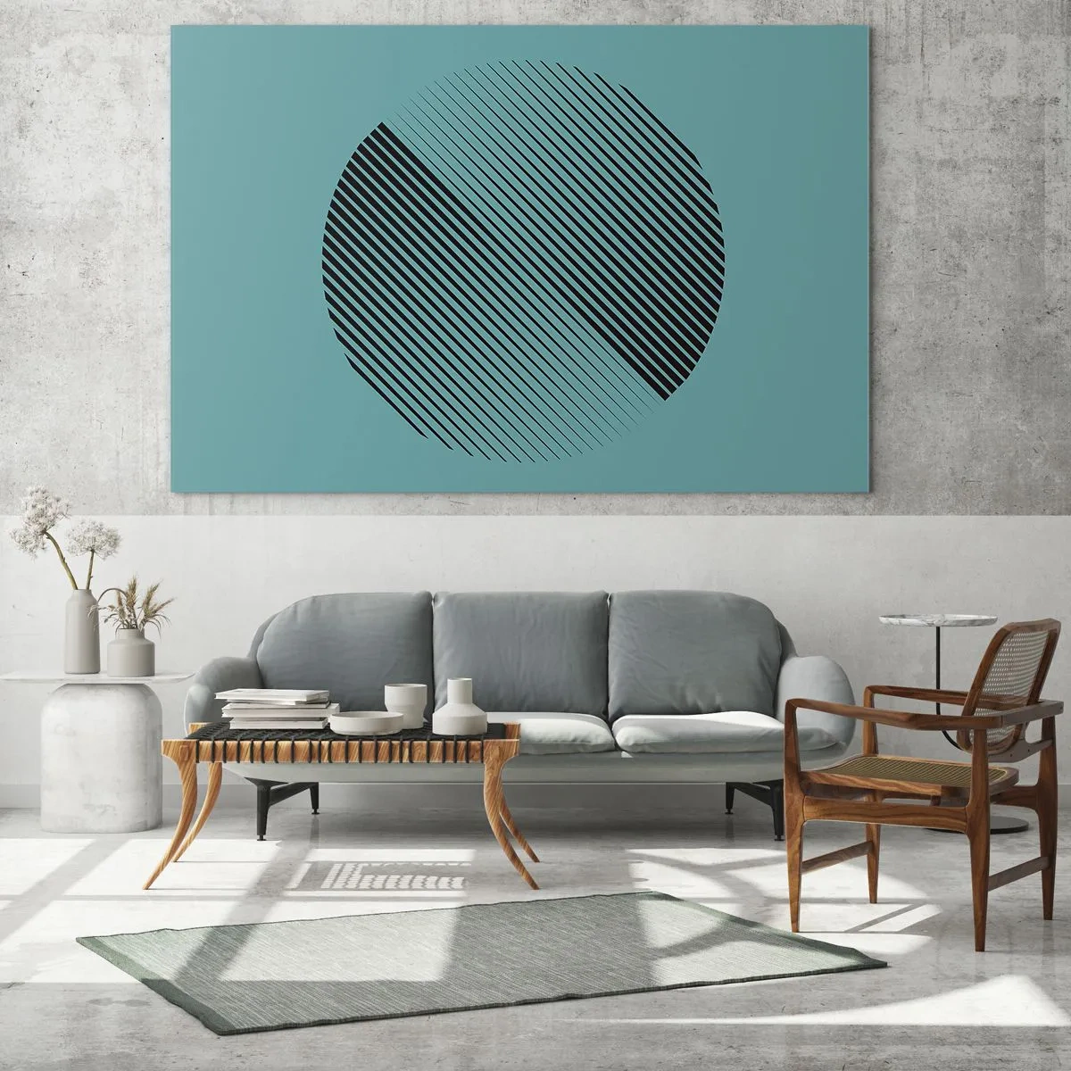 Cuadro sobre vidrio - Impresiones sobre Vidrio - Líneas negras que forman un círculo sobre un fondo turquesa. - 70x50cm - El círculo: una variación geométrica - Decoración de pared moderna para salón y dormitorio ARTTOR