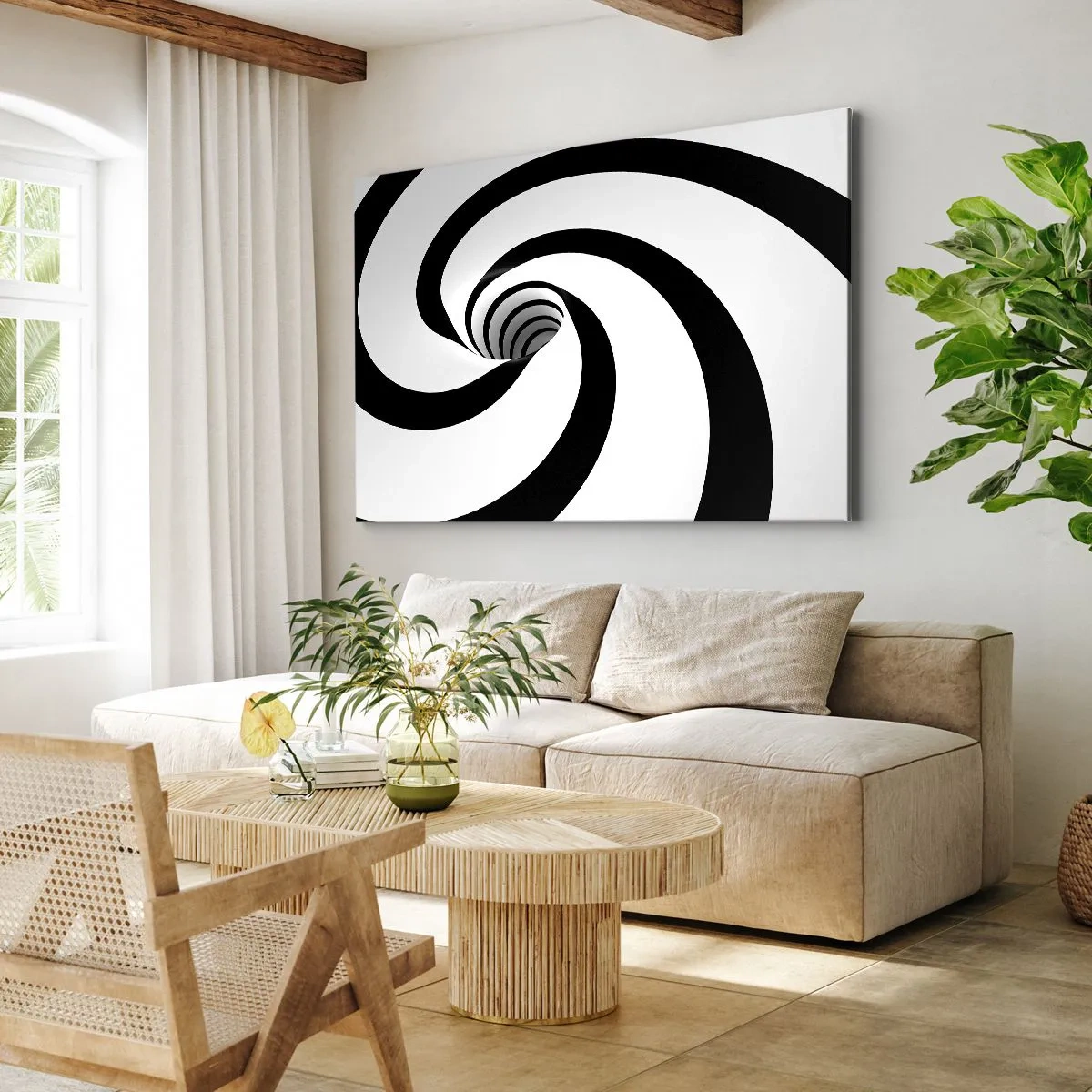 Cuadro sobre lienzo - Impresión de Imagen - Espiral abstracta en blanco y negro con efecto de remolino - 100x70cm - ¿Ceder al torbellino? - Decoración de pared moderna para salón y dormitorio ARTTOR