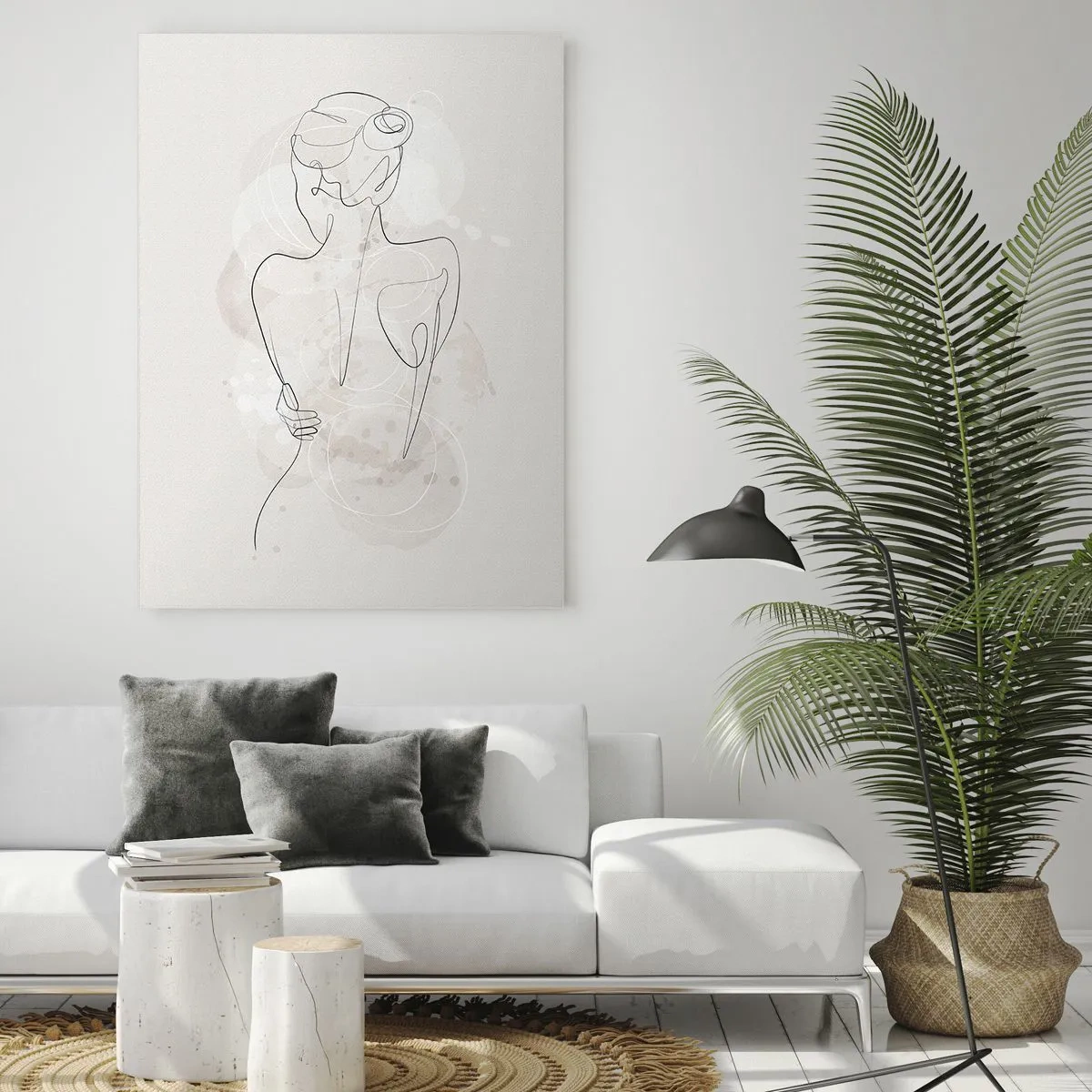 Cuadro sobre vidrio - Impresiones sobre Vidrio - Un boceto minimalista de una silueta femenina sobre un fondo claro. - 70x100cm - Como un cuerpo sensible - Decoración de pared moderna para salón y dormitorio ARTTOR