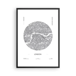 Póster en marco negro - Un mapa minimalista en blanco y negro de Londres - 50x70cm - Anatomía de Londres - Decoración de pared moderna para salón y dormitorio ARTTOR